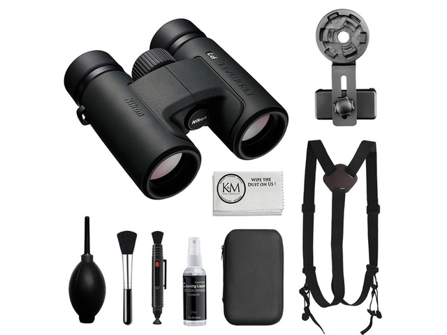 PROSTAFF P7 10x30 Binoculars Bundled with Harness Strap + Deluxe Cleaning Kit + Smartphone to Binocular Adapter + Microfiber Cleaning Cloth (5 Items)