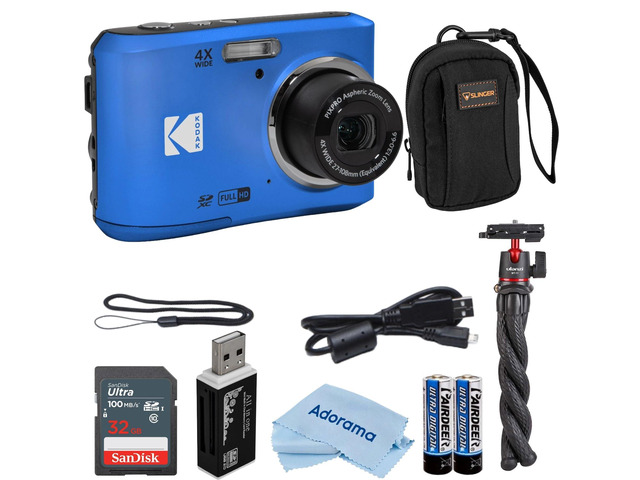 PIXPRO FZ45 Friendly Zoom 16MP Full HD Digital Camera, Bundle with 32GB Memory Card and Camera Bag, Flexible Tripod, and Card Reader (Blue)