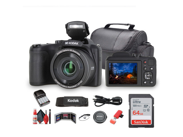 Pixpro AZ255 Digital Camera (AZ255BK) Bundle Including: 64 GB Memory Card, Rechargeable Batteries, Case, Neck Strap, Lens Caps, Full Cleaning Kit,...