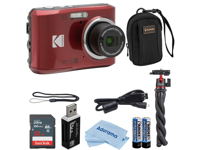 PIXPRO FZ45 Friendly Zoom 16MP Full HD Digital Camera, Bundle with 32GB Memory Card and Camera Bag, Flexible Tripod, and Card Reader (Red)