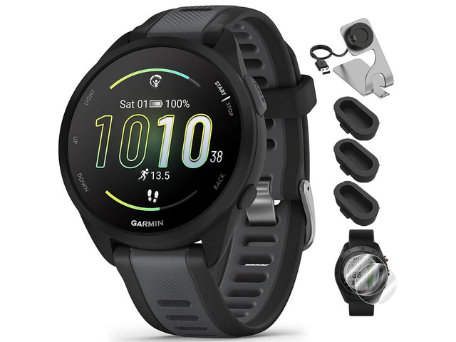010-02863-20 Forerunner 165 Smart Sport Watch Black + Slate Gray Bundle with Deco Essentials Charging Dock, Silicone Dust Cover 3 Pack and Screen...