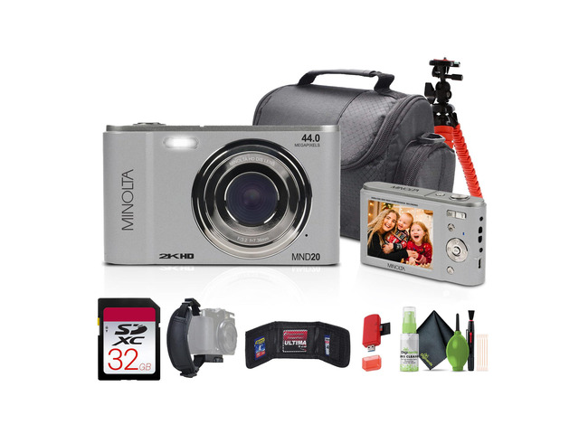 MND20 44 MP / 2.7K Quad HD Digital Camera (Silver) + 32GB Memory Card + 12 inch Flexible Tripod + Memory Card Wallet + USB Card Reader, SD/microSD...