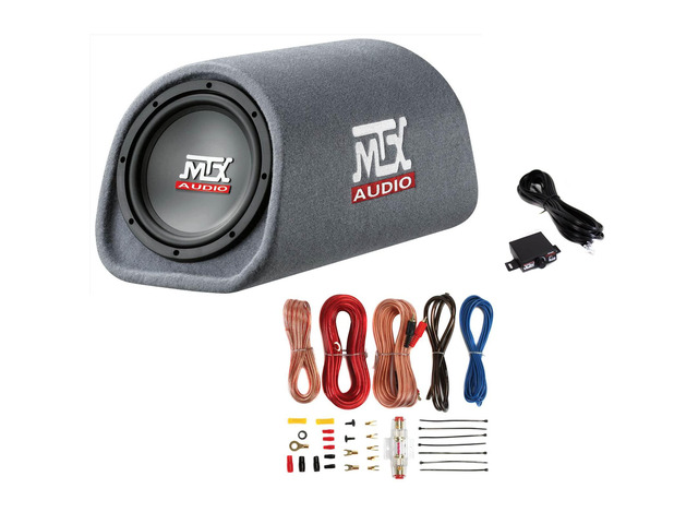 RT8PT 8' Amplified Vented Tube Box Subwoofer & Wiring Kit Car Audio System Bundle with 240W Loaded Car Subwoofer and Soundstorm AKS8 8 Gauge...