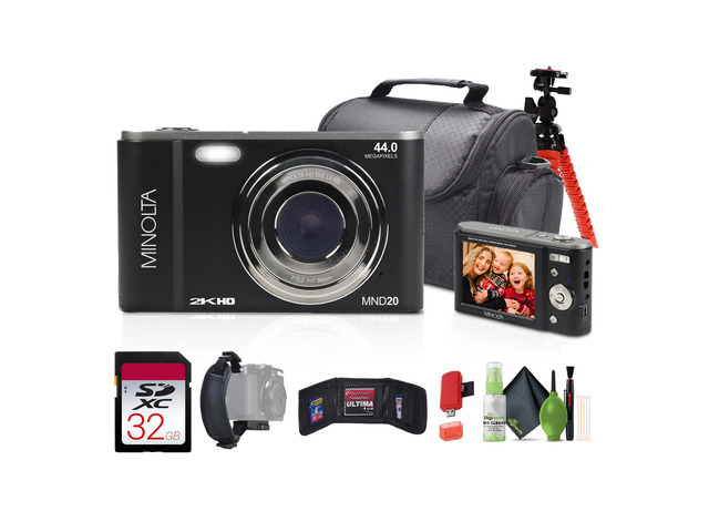 MND20 44 MP / 2.7K Quad HD Digital Camera (Black) + 32GB Memory Card + 12 inch Flexible Tripod + Memory Card Wallet + USB Card Reader, SD/microSD +...