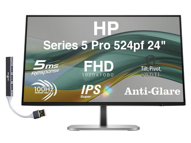 Series 5 Pro 524pf 24' FHD IPS Monitor Adjustable Height, Swivel, Pivot 100 Hz 350 Nits, 5ms, Anti-Glare, Flicker Free, VESA Mount (100mm), &...