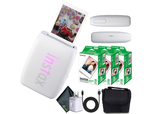 INSTAX MINI Link 3 Smartphone Printer (Clay White) 60-Photo Bundle For Mobile Photos, Parties & Scrapbooks Includes Camera Bag, Cleaning Cloth