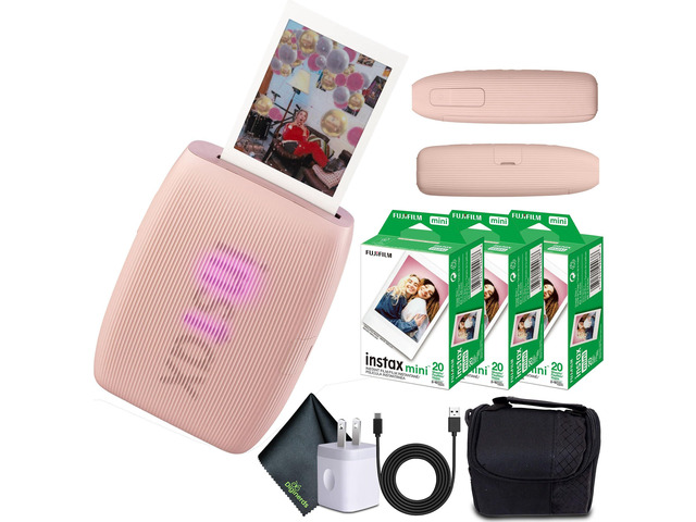 INSTAX MINI Link 3 Smartphone Printer (Rose Pink) 60-Photo Bundle For Mobile Photos, Parties & Scrapbooks Includes Camera Bag, Cleaning Cloth