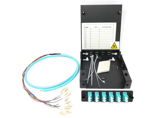 12 Port Wall Mount Fiber Enclosure with Splicing Module OM3 Multimode LC-UPC Kit (Includes a 1 Meter 12 Strand LC-UPC OM3 Pigtail and 6 Port Duplex...