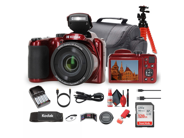 Pixpro AZ255 Digital Camera in Red (AZ255RD) Bundle Including: 128 GB Memory Card, Rechargeable Batteries, Case, Flexible Tripod, Neck Strap, Lens...