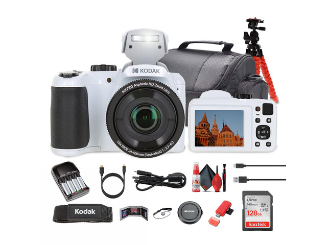Pixpro AZ255 Digital Camera in White (AZ255WH) Bundle Including: 128 GB Memory Card, Rechargeable Batteries, Case, Flexible Tripod, Neck Strap,...