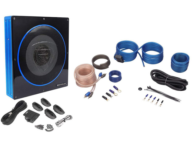 RW10CA 10' Slim Powered Car Subwoofer with RWK10 Install Kit 800W Peak / 200W RMS, 2 Ohm, RCA/High-Level Inputs, Under-Seat Mount, Low-Pass...