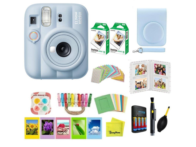 instax Mini 13 Instant Film Camera Bundle (Frost Blue Bundle) Carrying Case, 20 Film Sheets, 4 x AA Battery Pack, Stickers, Photo Frames, Photo...