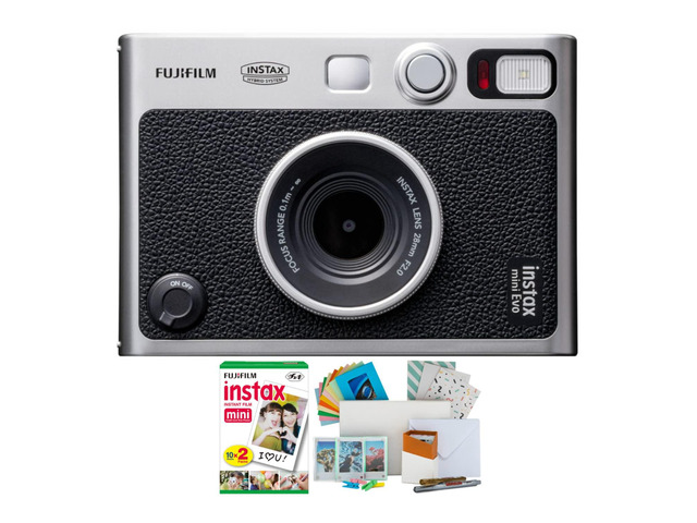 Instax Mini EVO Hybrid Digital/Instant Film Camera Bundle Photo Box, Postcard Set, Twin Pack 20 Exp