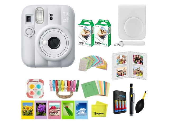 instax Mini 13 Instant Film Camera Bundle (Clay White Bundle) Carrying Case, 20 Film Sheets, 4 x AA Battery Pack, Stickers, Photo Frames, Photo...