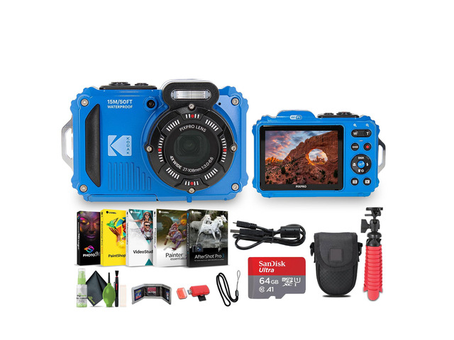 PIXPRO WPZ2 Rugged Waterproof Shockproof Dustproof WiFi Digital Vlogging Camera 16MP (Blue) Bundle with 64GB Memory Card + Vlogger Tripod + Bag +...