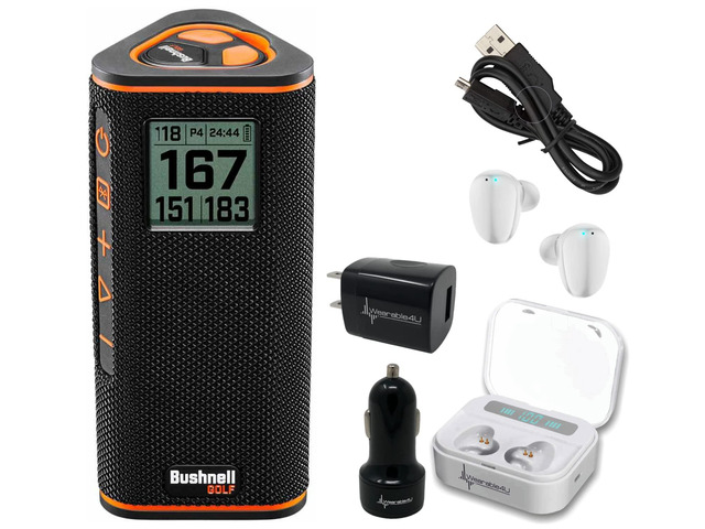Bushnell Wingman View Golf GPS Bluetooth Speaker with Ultimate White Earbuds and Wall and Car Chargers Bundle, 7.3x3.2x3.1in