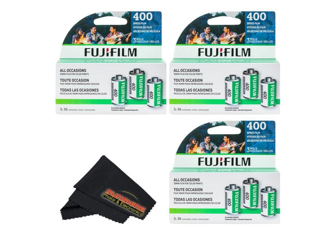 Fujicolor 400 Color Negative Film (35mm Roll Film, 3x36) + Sunshine Photo Microfiber Cleaning Cloth (3 Pack)