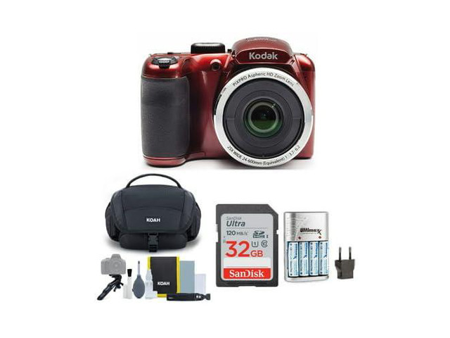 PIXPRO AZ255 Astro Zoom 16MP Digital Camera (Red) Bundle 32GB UHS-I SDXC Memory Card, Rapid AA AAA Battery Charger with 4 AA 2700 Mah...