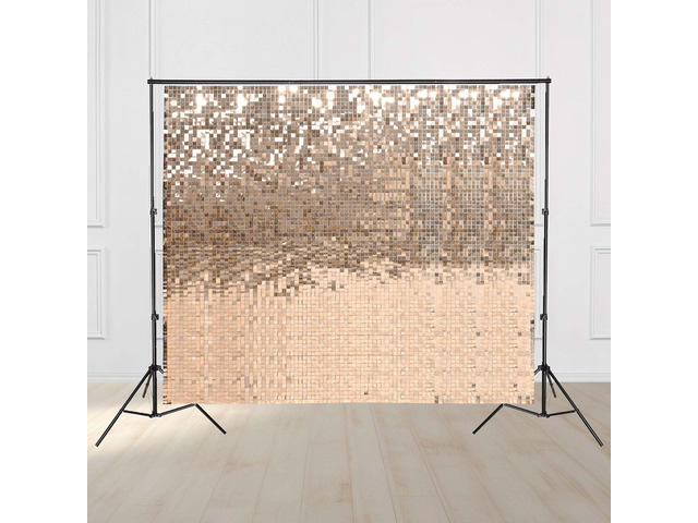 10x7 FT Shimmer Wall Backdrop with Adjustable Background Stand 72 Pcs Champagne Gold Square Sequin Panels Decor for Wedding Party