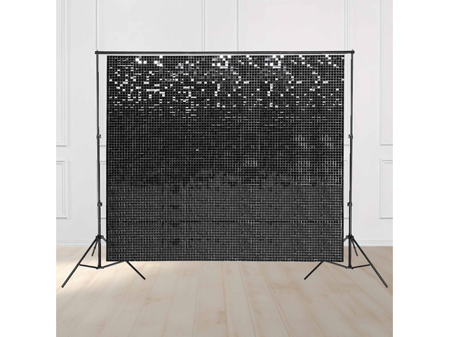 10x7 FT Shimmer Wall Backdrop with Adjustable Background Stand 72 Pcs Black Square Sequin Panels Decor for Wedding Party