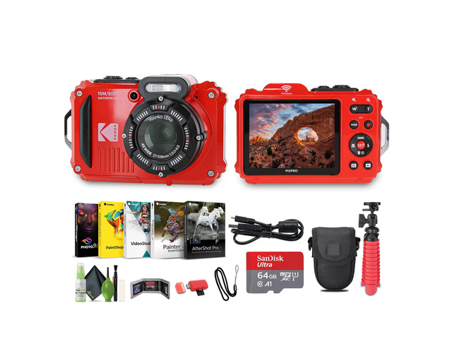 PIXPRO WPZ2 Rugged Waterproof Shockproof Dustproof WiFi Digital Vlogging Camera 16MP (Red) Bundle with 64GB Memory Card + Vlogger Tripod + Bag +...