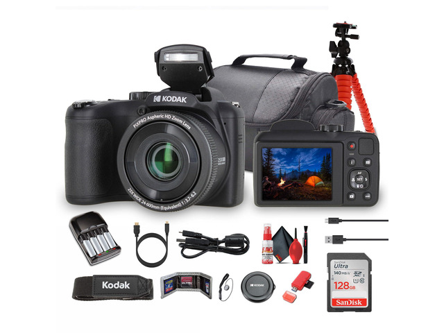 Pixpro AZ255 Digital Camera in Black (AZ255BK) Bundle Including: 128 GB Memory Card, Rechargeable Batteries, Case, Flexible Tripod, Neck Strap,...