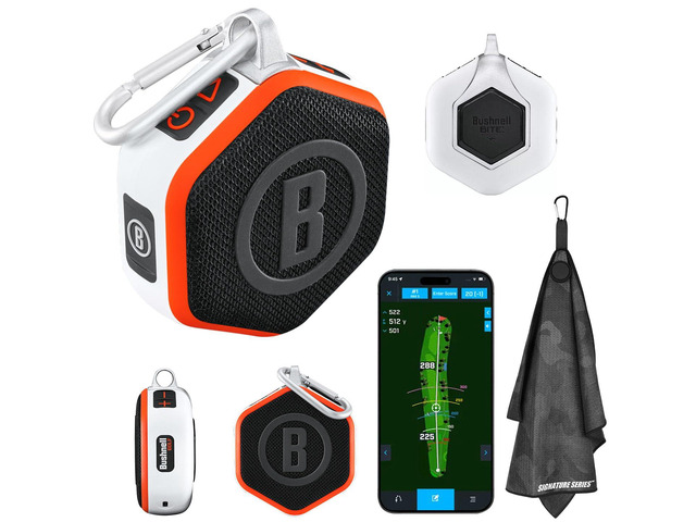 Bushnell Golf Wingman Mini GPS Speaker (Orange/White) Magnetic Mount, Music & Audible Distances for 38,000+ Courses, Carabiner Clip, Waterproof,...