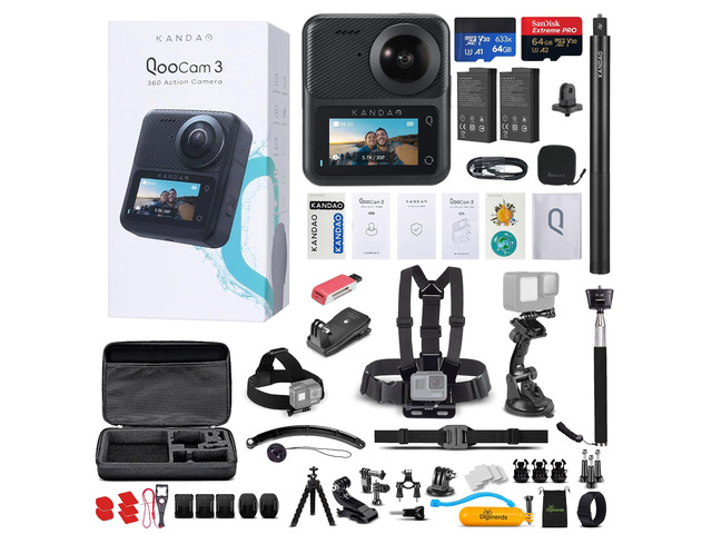 QooCam 3 360° Action Camera Travel Combo Dual-Lens 5.7K Video Capture with Image Stabilization, Waterproof Design 64GB Card + 50-in-1 Accessory...