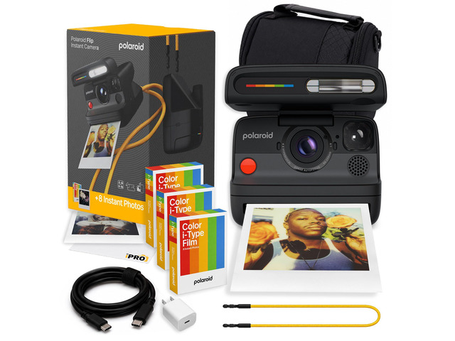 Flip Instant Camera in Black + Film (24 Exposures) Bundle Camera with Film, Sonar Autofocus, 4-Lens System, Ideal for Travel, Parties & Instant...