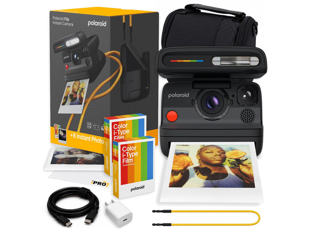 Flip Instant Camera in Black + Film (16 Exposures) Bundle Camera with Film, Sonar Autofocus, 4-Lens System, Ideal for Travel, Parties & Instant...