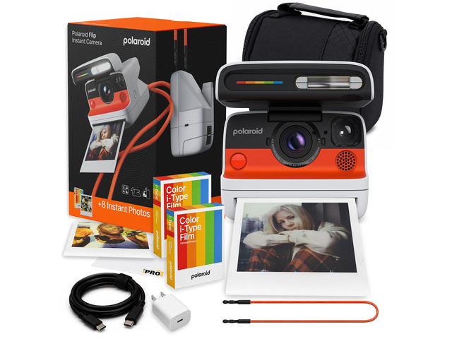 Flip Instant Camera in White + Film (16 Exposures) Bundle Camera with Film, Sonar Autofocus, 4-Lens System, Ideal for Travel, Parties & Instant...