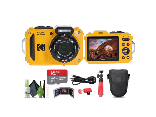PIXPRO WPZ2 Rugged Waterproof Shockproof Dustproof WiFi Digital Vlogging Camera 16MP (Yellow) Bundle with 32GB Memory Card + Vlogger Tripod + Bag +...