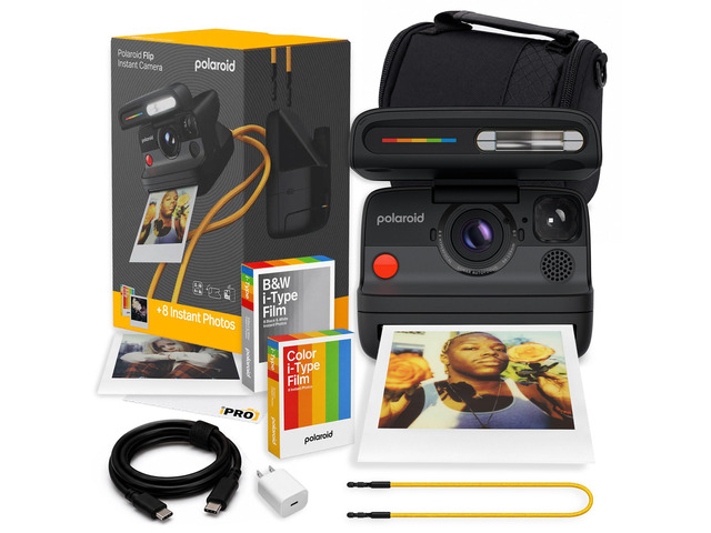 Flip Instant Camera in Black + Film (16 Exposures) Bundle Camera with Film, Sonar Autofocus, 4-Lens System, Ideal for Travel, Parties & Instant...