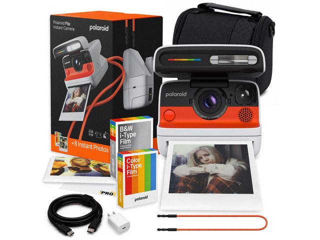 Flip Instant Camera in White + Film (16 Exposures) Bundle Camera with Film, Sonar Autofocus, 4-Lens System, Ideal for Travel, Parties & Instant...