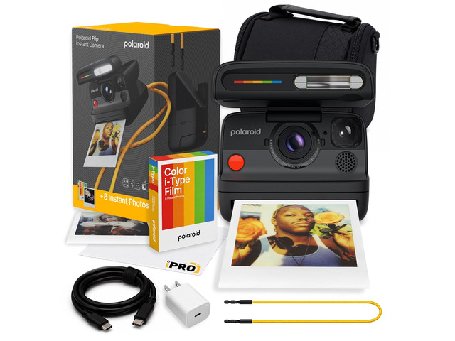 Flip Instant Camera in Black + Film (8 Exposures) Bundle Camera with Film, Sonar Autofocus, 4-Lens System, Ideal for Travel, Parties & Instant...