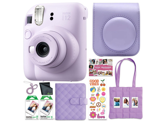 INSTAX Mini 12 Instant Camera (Purple) 20-Sheet Bundle For Parties, Events & Instant Photos Includes Camera Case, Cleaning Cloth