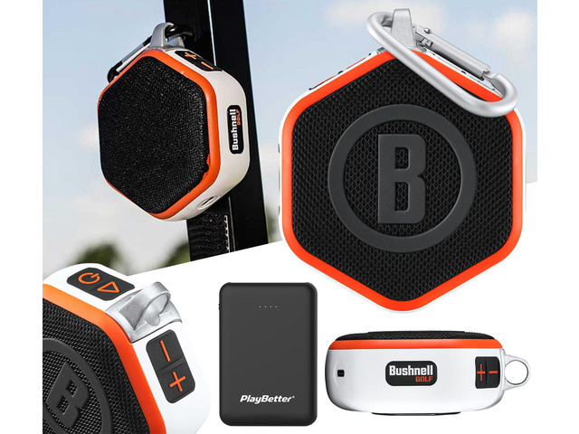 Bushnell Wingman Mini (Orange/White) Golf GPS Speaker Bundle Ultra Portable, Bluetooth, Audible Distances, Magnetic Cart Mount, 10Hr Batt ...