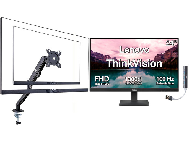 ThinkVision 24' FHD IPS Monitor w/ 100 Hz Refresh Rate, VESA Mount 4ms Response Time, Flicker Free, Anti-Glare, HDMI w/ DKZ Hub, Black &...
