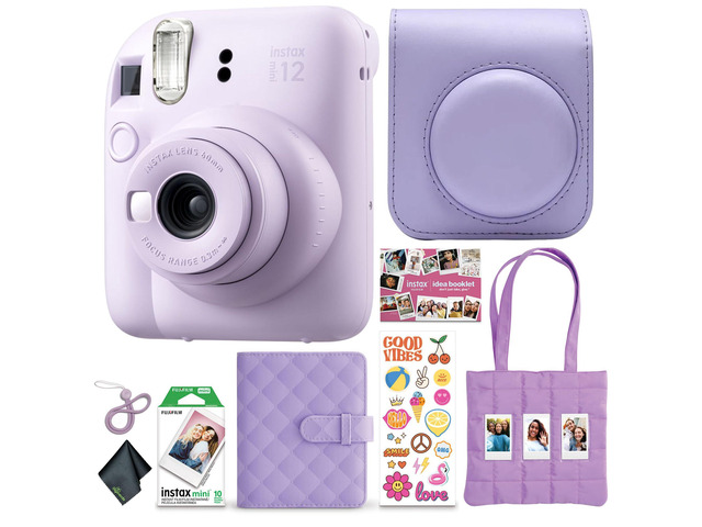 INSTAX Mini 12 Instant Camera (Purple) Bundle For Parties, Events & Instant Photos Includes Camera Case, Cleaning Cloth