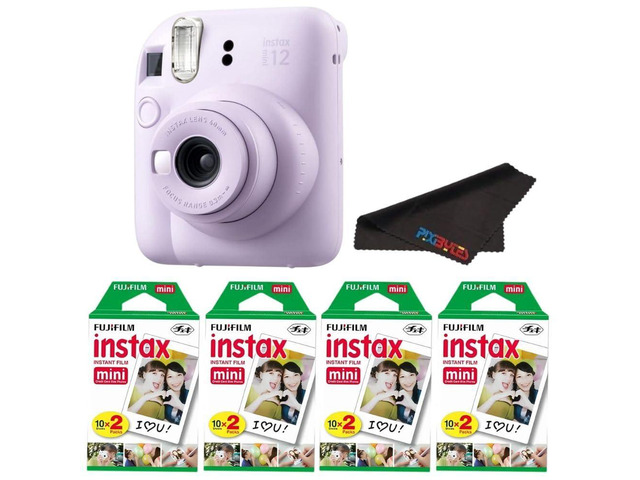 Instax Mini 12 Camera with Instant Mini Film and PixiBytes Microfiber Cleaning Cloth.(Lilac Purple, Camera + 4 Twin Pack)