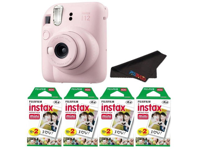 Instax Mini 12 Camera with Instant Mini Film and PixiBytes Microfiber Cleaning Cloth.(Blossom Pink, Camera + 4 Twin Pack)