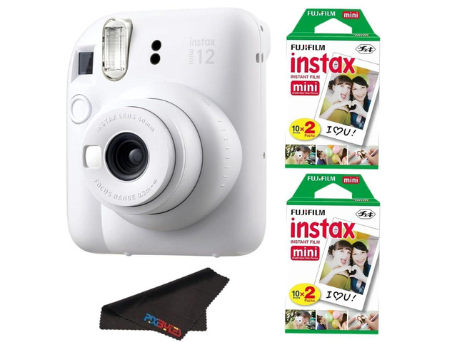 Instax Mini 12 Camera with Instant Mini Film and PixiBytes Microfiber Cleaning Cloth.(Clay White, Camera + 2 Twin Pack)