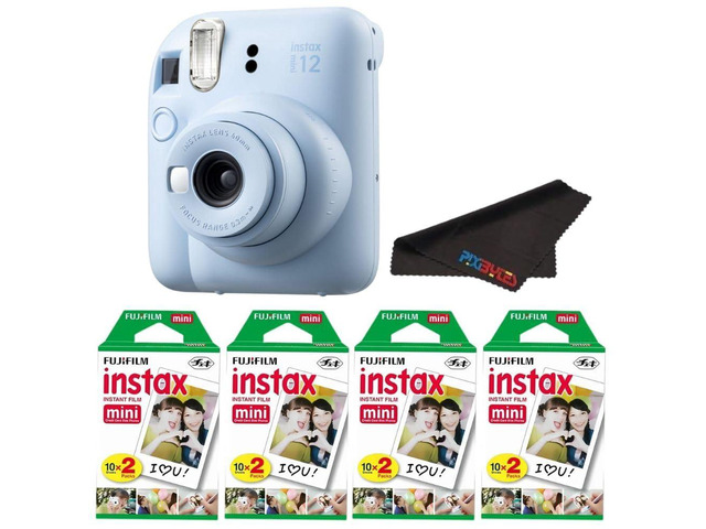 Instax Mini 12 Camera with Instant Mini Film and PixiBytes Microfiber Cleaning Cloth.(Pastel Blue, Camera + 4 Twin Pack)