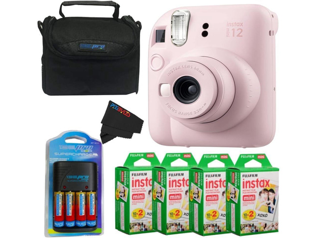 Instax Mini 12 Camera with Instant Mini Film and PixiBytes Microfiber Cleaning Cloth.(Blossom Pink, Camera + 4 Twin Pack/CC1)