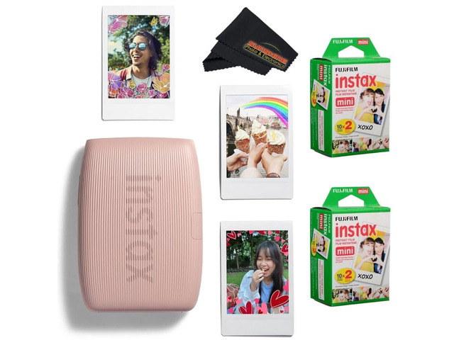 INSTAX Mini Link 3 Smartphone Printer with INSTAX Mini Instant Film and Sunshine Microfiber Cleaning Cloth.(2 Twin Pack (40 Sheets), Rose Pink)