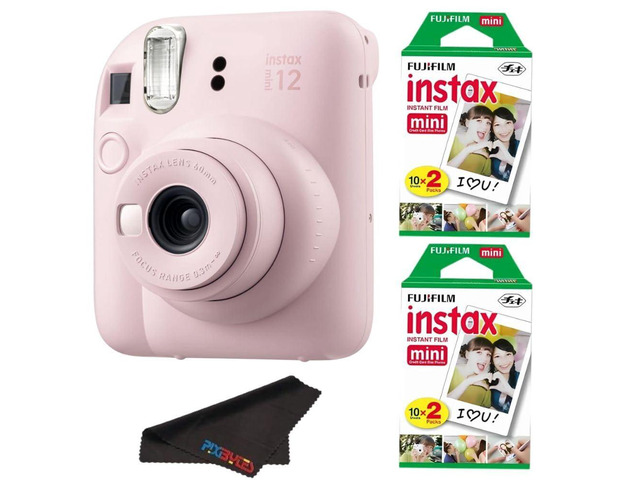 Instax Mini 12 Camera with Instant Mini Film and PixiBytes Microfiber Cleaning Cloth.(Blossom Pink, Camera + 2 Twin Pack)