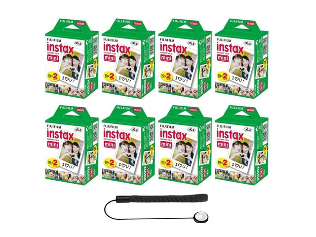 Instax Mini Instant Film for Mini Cameras, White, Credit Card Sized with Free Bonus Cap Keeper - (8 Twin Packs)