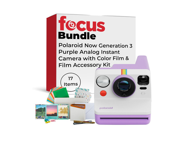 Now Generation 3 Purple Analog Instant Camera Bundle Built-in Tripod Mount, Accessories - Two-Lens AF System, Manual Mode, (17 items)