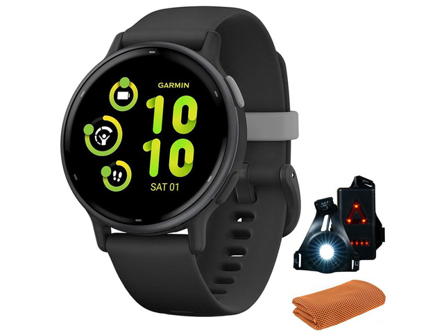010-02862-10 Vivoactive 5 Fitness Smartwatch, Black Bundle with Workout Cooling Sport Towel and Deco Essentials Wearable Commuter Front and Rear...