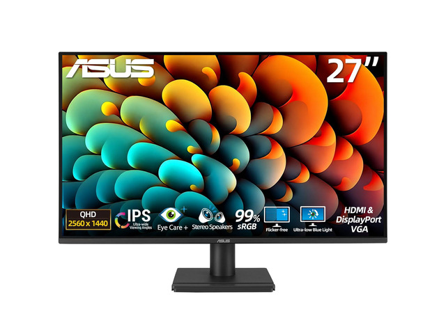27 inch 1440p Monitor, QHD(2560 x 1440), 75Hz, 1ms MPRT, 99% sRGB, Adaptive-Sync, HDMI, DisplayPort, VGA, Built-in Speakers, Low Blue Light, Eye...